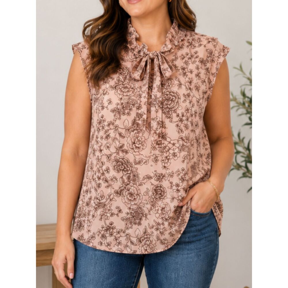NEW! LOFT Floral Tie Neck Blouse XL Pink Ruffle Mock Neck Sleeveless Career Chic